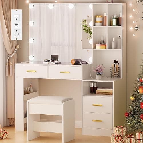 BEWISHOME White Vanity Desk with Mirror and Lights,Makeup Vanity Set with Glass Top,Large Dressing Table with Charging Station,4 Drawers,Nightstand,Stool,Makeup Desk for Girls Women Bedroom FST28W thumbnail 2