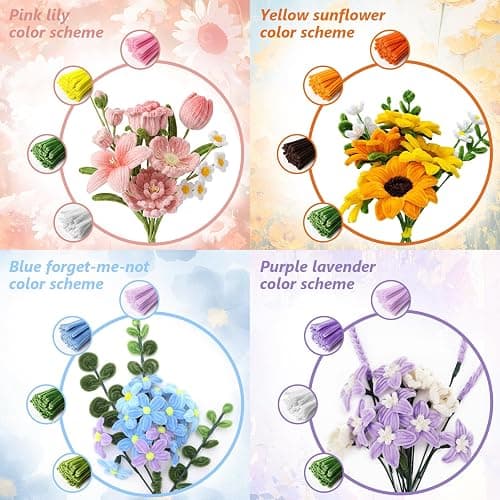 1050 PCS Pipe Cleaner Flower Kit, 15 Assorted Colors Pipe Cleaners Craft,Chenille Stems for DIY Flower Making Kit with Instructions,Floral Wires,Stamen& Ribbon,Art and Craft Supplies thumbnail 4