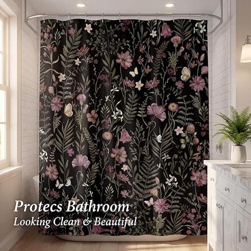 Lindameler Moody Black Botanical Shower Curtain Vintage Floral Bathroom Curtain Dark Wildflower Modern Bathroom Decor (Black, 72 X 72 INCH) thumbnail 4