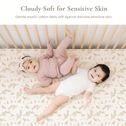 Konssy Muslin Crib Sheets for Girl Boy, 2 PCS Soft and Breathable Cotton Baby Sheets for Standard Crib Mattress, 52"x 28" (Floral, Pink) thumbnail 4