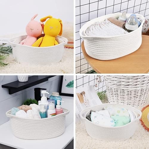 ABenkle Small Basket with Handles, Boho Decorative Rope Woven Dog Cat Toy Storage Bin Shelf Storage Organizer, Easter Christmas Gift Basket, 12"x8"x5", White thumbnail 5