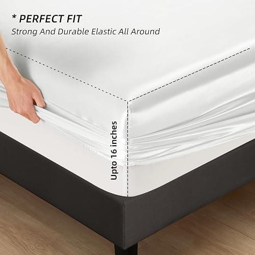 HommxJF 5Pcs White Satin Sheets Set Breathable Luxury Silky Satin Bedding Set with 1 Flat Sheet,1Deep Pocket Fitted Sheet,3Pillowcase thumbnail 4
