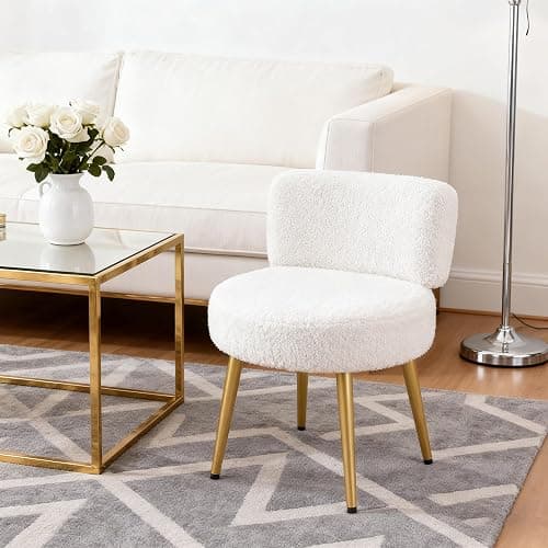 Warmiehomy Dressing Table Stool with Gold Legs and Tufted Back Comfy Makeup Vanity Stool Chair for Dressing Table, Bedroom, Living Room, White, Teddy Velvet thumbnail 6
