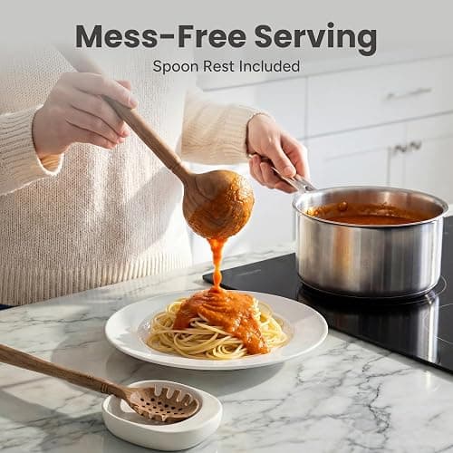 Wooden Spoons for Cooking - 12-Piece Premium Acacia Wood Utensil Set with Elegant Ceramic Holder & Spoon Rest, Non-Scratch Cooking Utensils Set for Nonstick Cookware, Luxury Kitchen Gift Set [Acacia] thumbnail 2