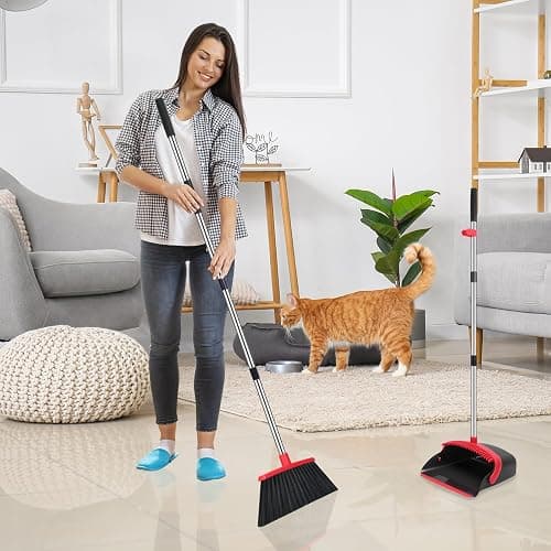 NACENA Broom and Dustpan Set, 52-in Long Adjustable Handle Broom Dustpan Combo with Dustpan Teeth to Automatically Clean Hair Suitable for Home Kitchen Office Hall Floor（Black&Red） thumbnail 2