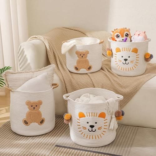 Large Blanket Baskets for Living Room, Teddy Bear Baskets Toy Storage Basket, 14" x 14" Woven Cotton Rope Basket for Kids, Toys Organizer Clothes Hamper with Embroidery, Teddy Bear Nursery Decor thumbnail 4