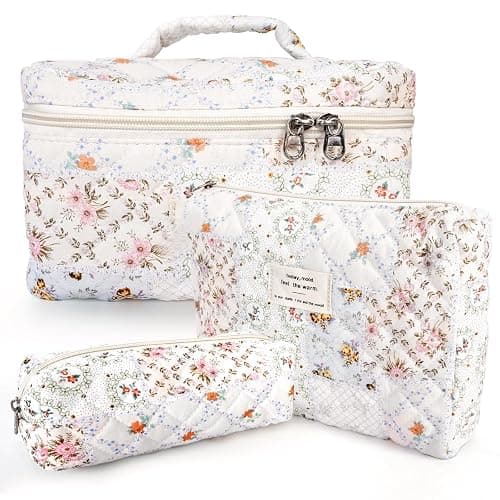 GISMTR 3Pcs Cotton Quilted Makeup Bag Large Travel Cosmetic Bag Coquette Makeup Pouch Cute Aesthetic Floral Toiletry Bag for Women Girls (flower-U) - flower-U - Image 1