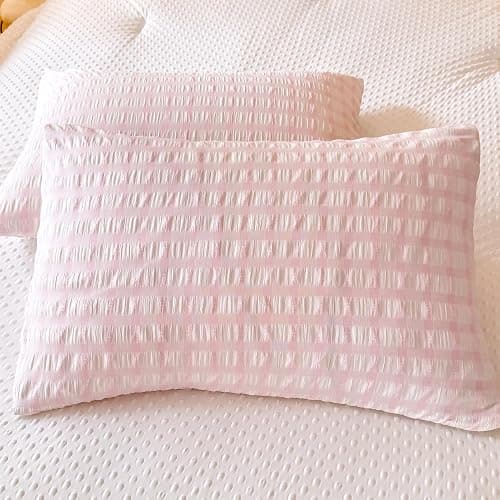 tohrisa Boho Comforter Set Twin Size - 2 Pieces Lightweight Jacquard Seersucker Bedding Sets (1 Soft Fluffy Grid Comforter & 1 Pillowcase) - All Seasons Cozy Modern Bed Set(68"x90" Blush Pink) thumbnail 6