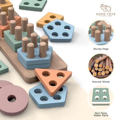 GOPO TOYS Montessori Toys for 1+ Year Old – Wooden Shape Sorter & Stacking Puzzle – Toddler Learning, Fine Motor Skills & Developmental Toy for Boys & Girls thumbnail 6