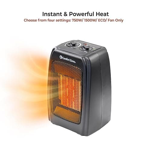 Comfort Zone CZ442E Personal Energy Save Ceramic Heater - 1500W Portable with Adjustable Thermostat, Tip-Over Switch & Overheat Protection, Black thumbnail 7