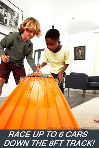 Hot Wheels Toy Car Playset with Lights, Sounds & 6 1:64 Scale Vehicles, Super 6-Lane Raceway, 8-foot Track that Rolls Up for Storage (Amazon Exclusive) thumbnail 3