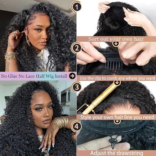 Glimeer Half Wig Human Hair Deep Wave 3 In 1 Drawstring Seamless Filp Over Curly Half Wig 200% Density Wear and Go Glueless Half Wigs for Black Women Natural Color 18 Inch thumbnail 9