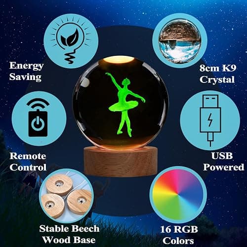 Ballet Night Light, Dance Recital Gifts, K9 3.15 Inch (80mm) Crystal Ball Lamp with 16 Colors Remote Upgraded Lamp for Birthday Xmas Cool Fairygirl Figurines Gifts for Ballerina Girls Room Decor thumbnail 3