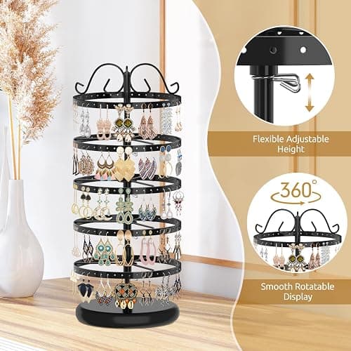 MODOWEY Rotating Earring Holder Organizer Stand, 5 Tier Metal Tree Display for Women Vendors, 220 Holes Adjustable Jewelry rack for Stud Hoop Dangle Storage, Trendy Carousel Keeps Dresser Neat, Black thumbnail 4
