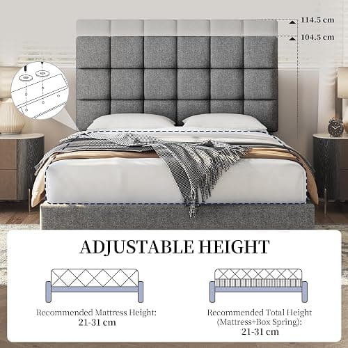 Yaheetech 4ft6 Double Bed Frame, Upholstered Headboard, Light Grey | Premium Linen-Fabric, Square Tufted & Adjustable Height Headboard, Solid Slats, Ideal for Bedrooms, Apartments and Guestrooms thumbnail 8