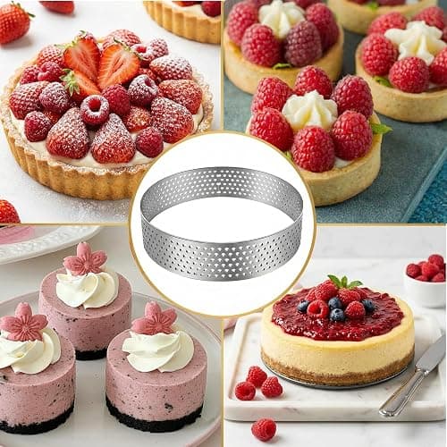 HX-pyahgtv 6 Stück Mousse Tartelette Förmchen, 10 cm Perforierte Dessertringe, Crumpet Rings für Mousse Torten Minikuchen Mini-Pizzen Pie Quiche, Hochwertige Backringe für Kochen & Backe thumbnail 7