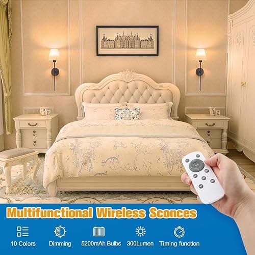 NIORSUN Battery Operated Wall Sconce Set of 2,Black Rechargeable Wall Lights with 10400mAh Dimmable Bulbs and Remote,10 Colors Wireless Wall Lamps for Bedroom Living Room Hallway Decor thumbnail 2