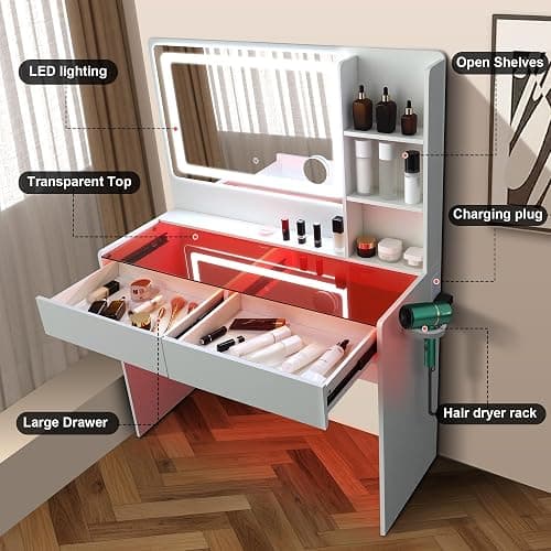 Cielozen Vanity Desk,Makeup Vanity Desk with Mirror and Lights,Transparent Top with LED Multiple Color Lights,Mirror 3 Color Modes 2 Drawers,Power Outlet,Dressing Table for Girls Bedroom,White thumbnail 3