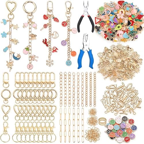 485 Pcs Charms Lip Gloss Keychain Making Kit, DIY Bag Charm Kit Including 40 Key Chain Hooks 30 Extender Chains 212 Gold Charms & Letter 200 Jump Rings 1 Plier and 1 Puncher for Craft Supplies - Image 1