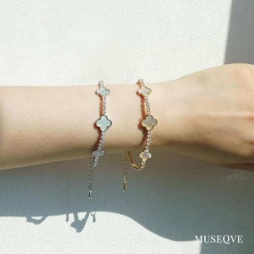 MUSEQVE Four Leaf Clover Bracelet for Women 14K Gold Plated White Mother of Pearl Onyx Black Clover Charm Tennis Bracelet Adjustable Chain Lucky Jewelry Gifts [CVBR] thumbnail 2