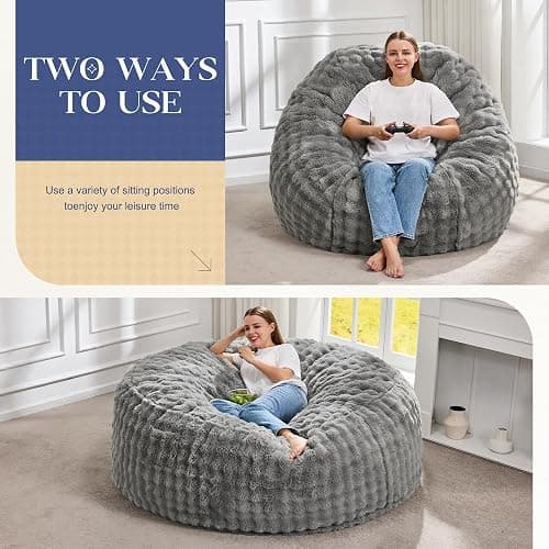 Hobestluk Bean Bag Chairs 5ft Beanbag Chair with Filler Adult Bean Bags with Fluffy & Machine Washable Cover, Giant Bean Bag Chairs for Adults (Grey, 5FT-50" x 50" x 24") thumbnail 3