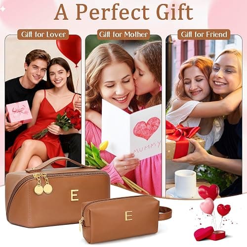 KKXIU Initial Makeup Bag for Women - Personalized Makeup Bag Gifts for Women, Travel Toiletry Bag with PU Leather, Open Flat Design with Top Handle, Cosmetic Bag Set with Multi-Pocket (Brown,E) thumbnail 3