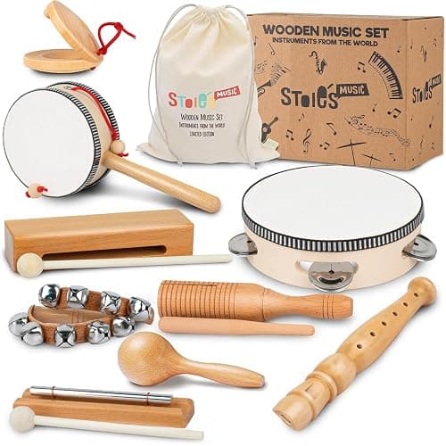 Stoie's Wooden Toddler Musical Instruments with Drum, Hand Bells, Flute, Maracas, Castanet, Tamburine, for Babies and Kids, Eco Friendly Montessori Educational Toy - Image 1