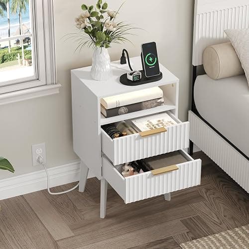MAHANCRIS End Table, Fluted Nightstand with Charging Station and LED Lights, Modern Side Table with 2 Drawers and 1 Open Compartment, for Living Room, Bedroom, Study, Office, White ETWT63E01 thumbnail 7