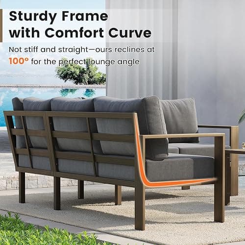 UDPATIO 6 Piece Patio Furniture Set, Metal Outdoor Sectional Sofa with 6" Thick Olefin Cushions, Wide Armrest & Coffee Table, L Shaped Outdoor Furniture for Garden, Backyard, Faux Wood Grain & Grey thumbnail 3