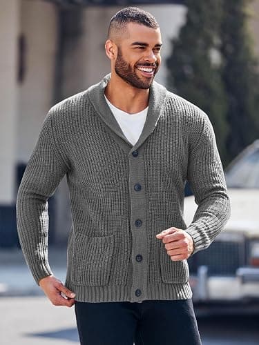 Runcati Men's Shawl Collar Cardigan Sweater Multi-Color Button Down Knitted Sweaters with Pockets thumbnail 5