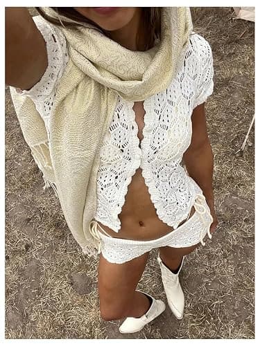 GORGLITTER Women's Crochet Short Sets Short Sleeve Button Down Cardigan Top and Shorts Vacation Outfits thumbnail 5