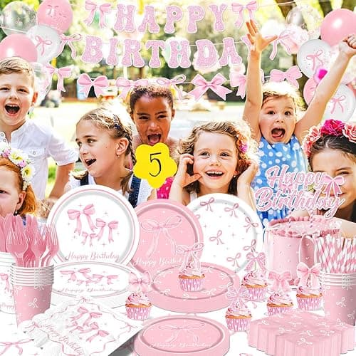 Pink Bow Birthday Party Supplies Serve 24, Coquette Birthday Decorations Include Bow Plates Napkins Cups Banner Tablecloth Cake Topper Balloons Bow Theme Tableware for Girls Bachelorette Decor thumbnail 6