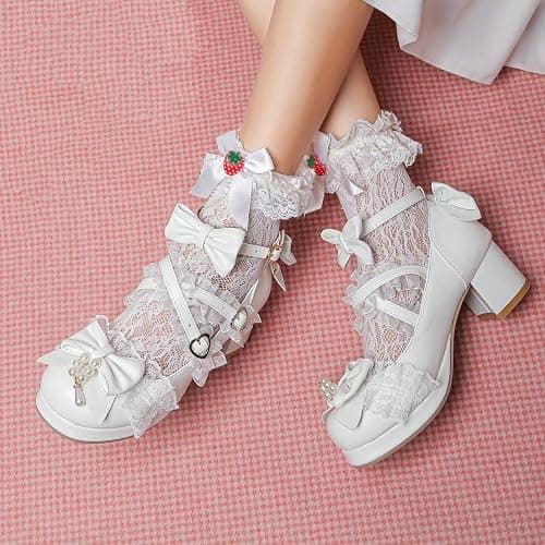 LUXMAX Women's Kawaii Shoes Cross Strap Pumps Cute Ankle Strap Mary Jane Shoes Wedding Lace Mid Chunky Heel Pumps thumbnail 5
