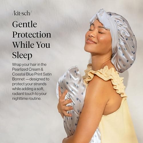 Kitsch XL Satin Bonnet for Sleeping - Softer Than Silk Bonnet For Sleeping Women, Secure Fit Adjustable Night Cap For Curly & Textured Hair & Prevents Breakage - Pearlized Cream & Coastal Blue Print thumbnail 2