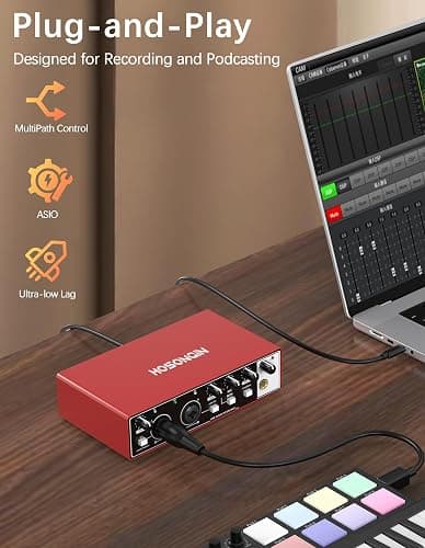 HOSONGIN USB Audio Interface for Beginners - 24Bit/192kHz, 48V Phantom Power, Plug & Play Recording for Podcast/Vocals/Guitar/Youtube, PC/Mac/iOS Compatible (New Red Metal) thumbnail 4