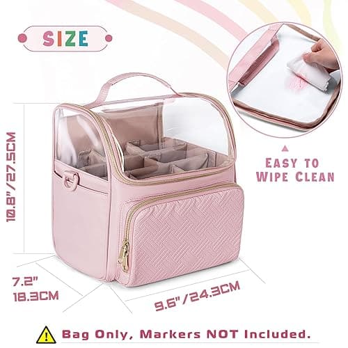 Rexmica Large Marker Organizer Case for 180 Markers, Marker Storage Bag with Dividers and 4 Pockets for Paint Markers, Paint Brushes, Colored Pencils or Other Art Supplies, Black (Patented Design) - Pink thumbnail 4