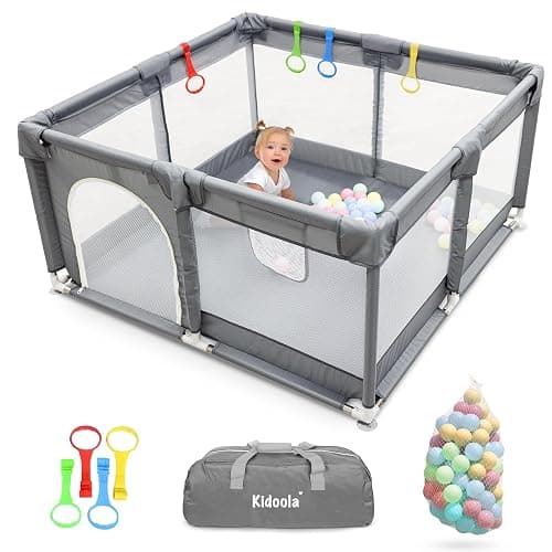 Kidoola Baby Playpen with Padded Frame & Mesh Walls, Baby Play Pen with Balls, Pull Rings, Playpen for Baby and Toddlers, Ideal for Indoor & Outdoor, Baby Play Pen with Mat - Unisex (127x127x65cm) - Image 1