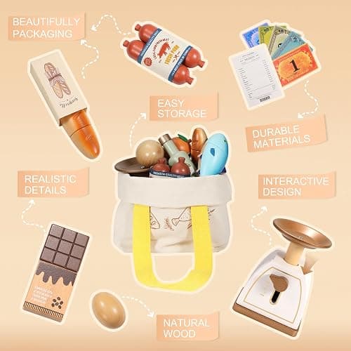 Pithfor Wooden Play Food Set for Kids Toddlers, Grocery Store Pretend Play Food, Pretend Grocery Shopping & Play Kitchen Accessories for Boys Girls thumbnail 5