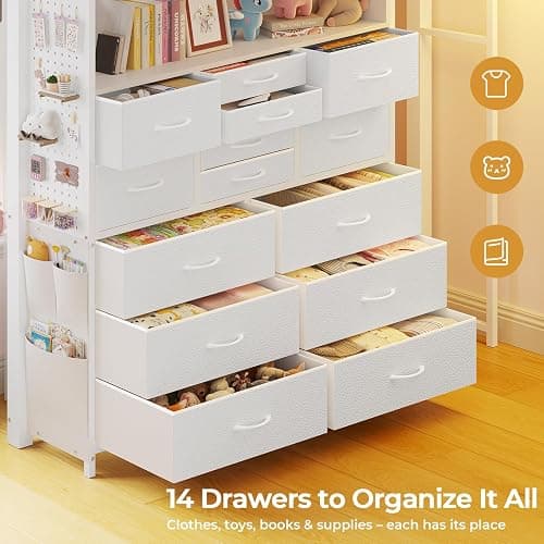 ADORNEVE Full Size Loft Bed with Desk,14 Storage Drawers & Power Outlet, Full Loft Beds with LED Lights, Pegboard, Metal Loft Bed with Safety Guardrail & Ladder, Space Saving for Teens, White thumbnail 4