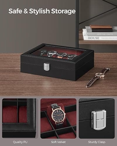 SONGMICS Watch Box, 10-Slot Watch Case Organizer with Large Glass Lid, Removable Pillows, Christmas Gift, Black Synthetic Leather, Wine Red Lining UJWB010R01 thumbnail 4