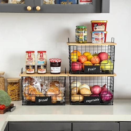 2 Set XXL Stackable Wire Basket with Bamboo Tops & Tag- Pantry Organizer and Storage Bins, Kitchen Counter Cabinet Shelf Countertop Under Sink Organizing, Food Snack Produce Onion Potato Bread Storage thumbnail 2