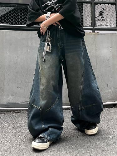 DFGIGT Men's Vintage Baggy Barrel Wide Leg Jeans Structured Stitching Loose Fit Retro Casual Streetwear Denim Pants thumbnail 4