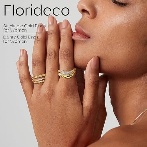 Florideco Stackable Rings for Women Non Tarnish Dainty 14K Gold Plated Stacking Cubic Zirconia Thumb Ring Set Trendy Statement Chunky Band Rings Promise Engagement Rings Size 6-10 thumbnail 4