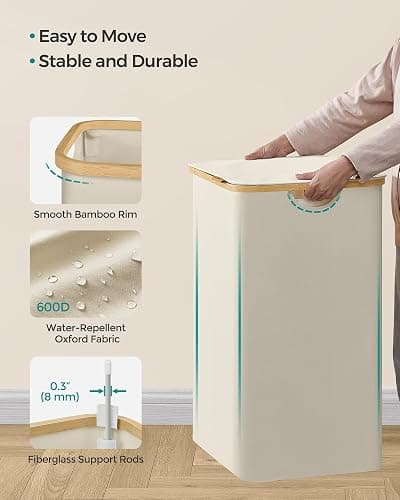 SONGMICS Laundry Hamper with Lid, 2-Section Large Laundry Basket, 34.3-gallon (130L), Removable Mesh Liner, Bamboo Handles, Collapsible, 20.5 x 15.2 x 27.8 Inches, Cream White ULCB513W01 thumbnail 7