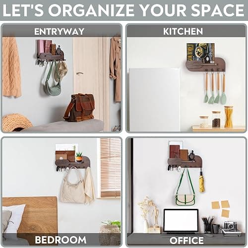 Solid Wood Mail and Key Holder for Wall Decorative Display - Includes Mail Holder, Shelf with Hooks for Keys & Pegs for Hanging Hats, Coats, Bags, Backpacks & More - Sleek Modern Design, Walnut Brown thumbnail 8