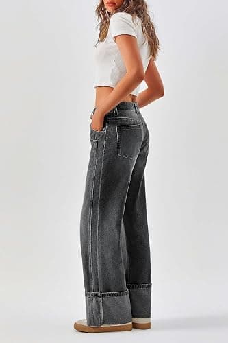 PLNOTME Womens Baggy Jeans Boyfriend Wide Leg Trendy Casual Mid Rise Cuffed Hem Denim Pants with Pockets thumbnail 3