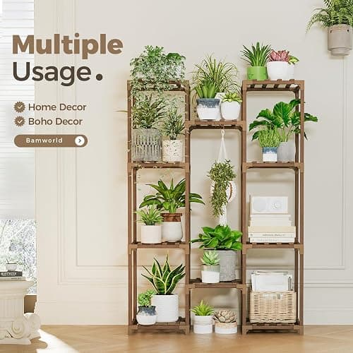 Bamworld Plant Stand Indoor Outdoor Tall Plant Shelf for Multiple Plants Pots Wood Flower Stand Large Flower Holder for Living Room, Patio, Balcony, Garden Decor, Brown thumbnail 5