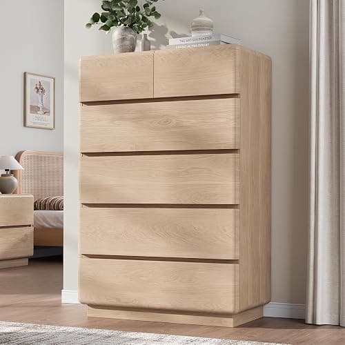 YANSNWO Natural 6 Drawer Dresser for Bedroom, 48" Tall Chest of Drawers | Curved Profile Design, Thickened Base, Handless design, Unique panel design, Bedroom, living room, and hallway storage - Image 1