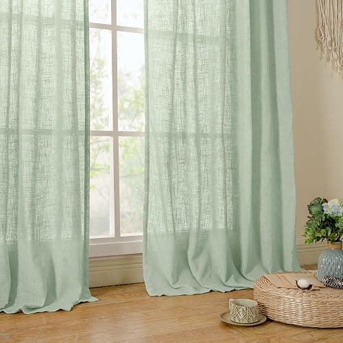LAMIT 95 Inches Long Fresh Green Linen Curtains for Living Room, Back Tab and Rod Pocket Semi Sheer Curtains Light Filtering Farmhouse Drapes for Bedroom/Dining Room, Set of 2, 52 x 95 Inch thumbnail 9