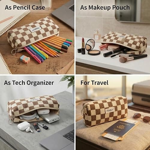 FRABUY Soft Corduroy Pencil Case Pen Pouch Organizer, Small Stationery Bag | Cute Crown Checkerboard Pouch, Smooth Zipper, Daily Cosmetics Holder, Compact Organizer for School Teen Girls, Women thumbnail 5